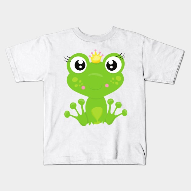 Cute Frog, Green Frog, Frog Princess, Crown Kids T-Shirt by Jelena Dunčević